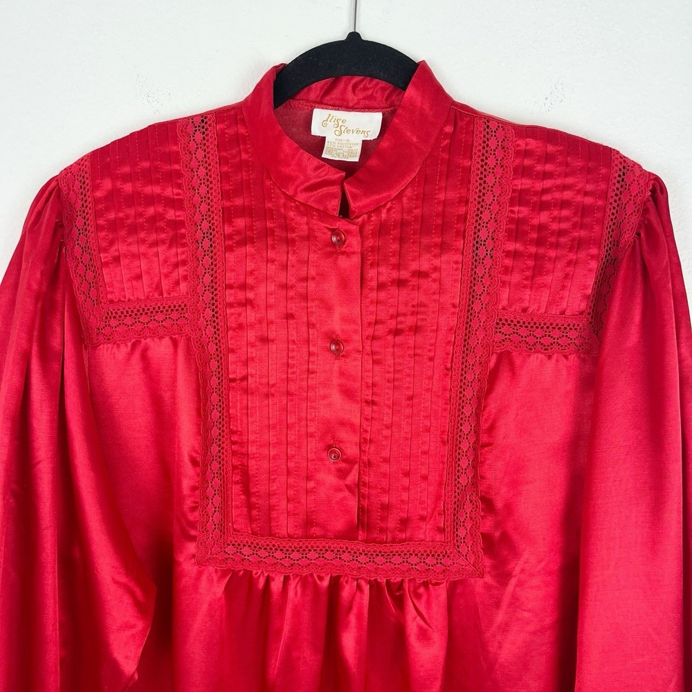 Vintage Ilise Stevens Red Satin Nightgown S – Lace Modest Long Sleeve Taiwan - Picture 3 of 9